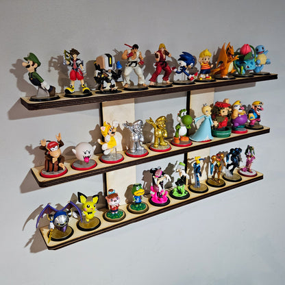 A multi-tiered wall shelf with various colorful amiibo figures arranged on it.